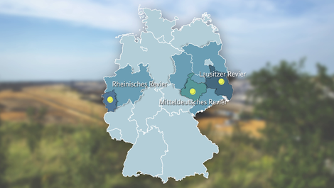 Deutschlandkarte mit Kohleregionen vor dem Hintergrund eines Landschaftsbildes
