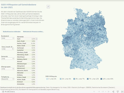 Eine interaktive Deutschlandkarte stellt die SGB II-Hilfequote bundesweit dar. Die Darstellung kann nach Bundesland, Kreis, Gemeinde und Altersgruppe gefiltert werden.