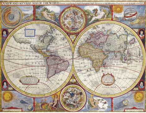 Ein aufgeschlagener doppelseitiger Atlas zeigt eine geschichtliche Darstellung der erforschten Welt.
