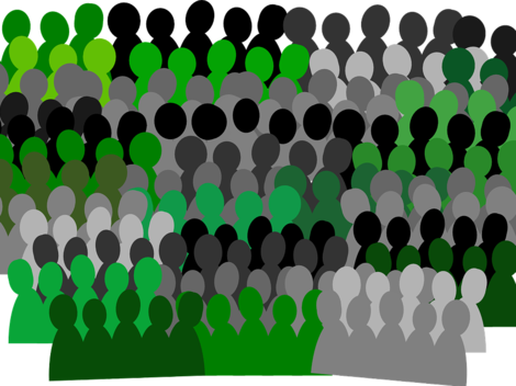 Grafische Darstellung von miteinander kommunizierenden kleineren Menschengruppen in verschied. Grün- und Grau-Farbtönen.