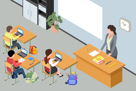 Illustration eines Klassenzimmers mit zwei Schülern, einer Schülerin und einer Klassenlehrerin